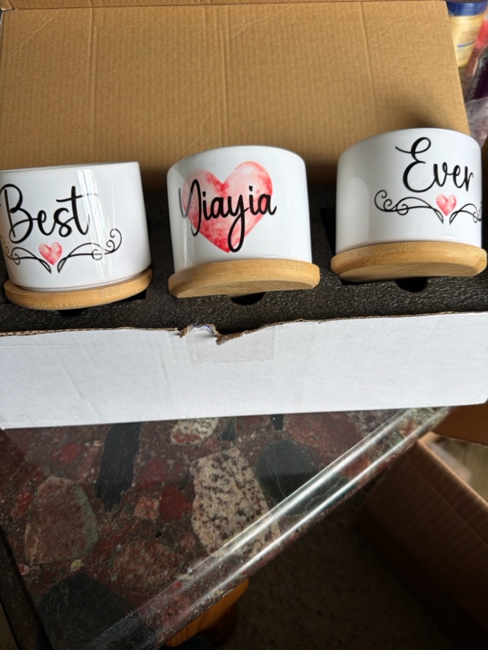 Set of 3 White Ceramic Planters with Bamboo Saucers - Heart Script Design